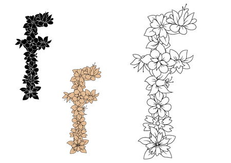 Floral alphabet lowercase letter f adorned by blooming flowers, for romantic design. Outline, brown and black color variationsのイラスト素材