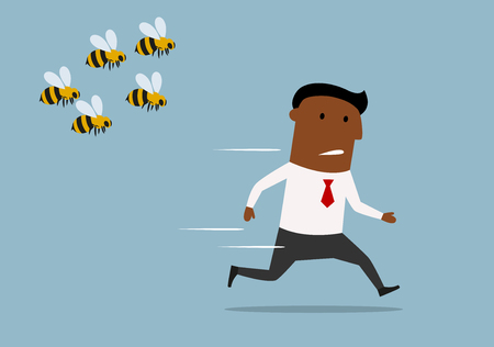 Cartoon panicked african american businessman running away from a swarm of angry huge bees Cartoon panicked african american businessman running away from a swarm of angry huge bees