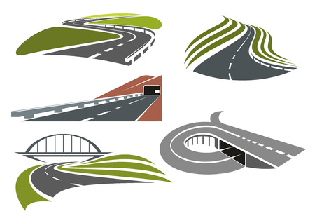 Winding roads among green fields, freeway with railroad bridge, highway interchange with ramp and mountainside road with tunnel, for transportation theme designのイラスト素材