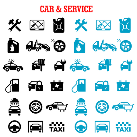 Transportation, car and service flat icons set with car sale, towing, paint, washing, repair, tire service, taxi, fuel jerrycan, gas station, wheel, navigation, battery, traffic police and security systemのイラスト素材