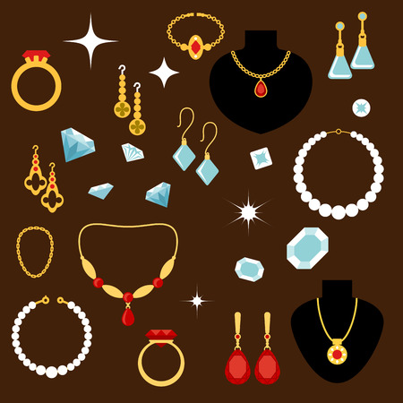 Luxury precious jewelries flat icons of rings, necklaces, chains with pendants, earrings and bracelets, inlaid with diamonds, rubies, pearls and sapphiresのイラスト素材