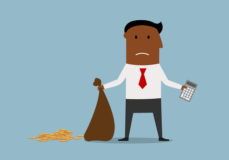 Depressed african american bankrupt businessman standing with calculator and empty money bag in hands, for financial crisis or bankruptcy theme design. Cartoon styleのイラスト素材