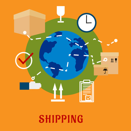 International shipping service flat icons with cardboard boxes with packaging symbols, order list and clock with globe on the background and caption Shipping belowのイラスト素材