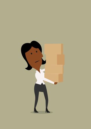 African american businesswoman carefully carrying a tall stack of cardboard boxes.  For overwork or delivery theme designのイラスト素材