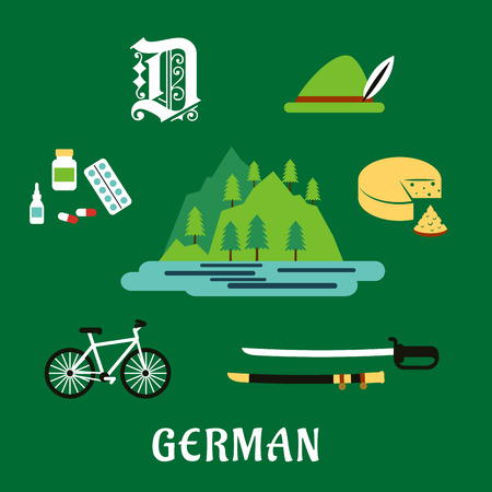 German travel flat icons with Alps mountain landscape, forest and lake, surrounded by bavarian hat and cheese, medication, gothic german letter, bicycle and medieval swordのイラスト素材