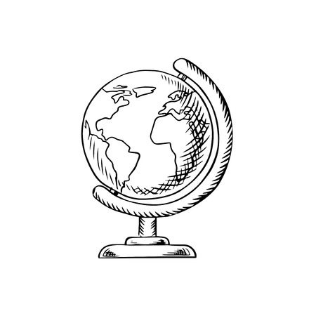 Modern globe with continents, oceans and seas on desktop stand, sketch icon for education or school themes designのイラスト素材