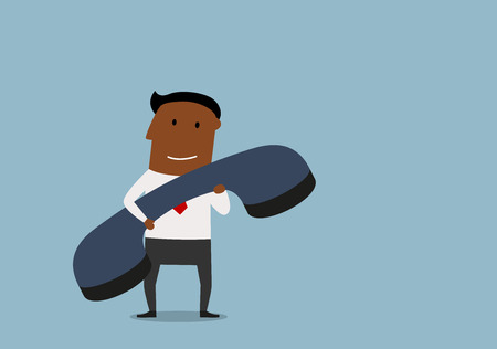 African american businessman with huge phone receiver in hands, for customer support or communication theme design. Cartoon flat styleのイラスト素材