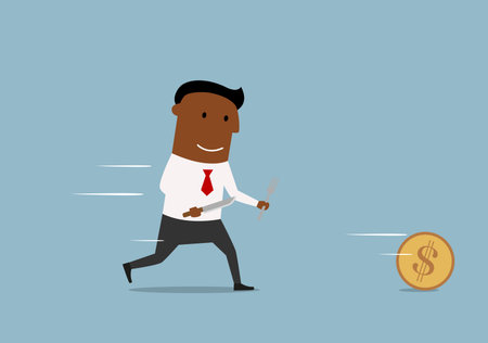 Running cartoon black businessman chases golden dollar coin with fork and knife in hands, for finance theme designのイラスト素材