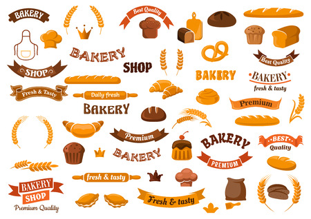 Bakery and pastry design elements for emblems templates with loaves of rye and wheat bread, cupcakes, buns, croissants, pretzel, baguettes, baker hats, flour, rolling pins, ears and ribbon bannersのイラスト素材