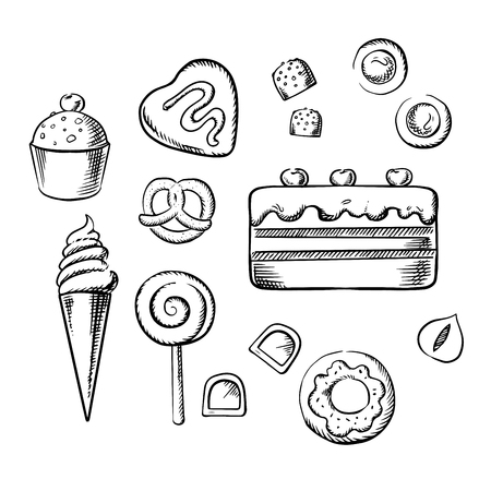 Sweet cake and cupcake with cream, ice cream cone, glazed doughnut, chocolate candies with hazelnuts and fondant, cookies, lollipop and pretzel. Sketch icons for pastry and confectionery designのイラスト素材