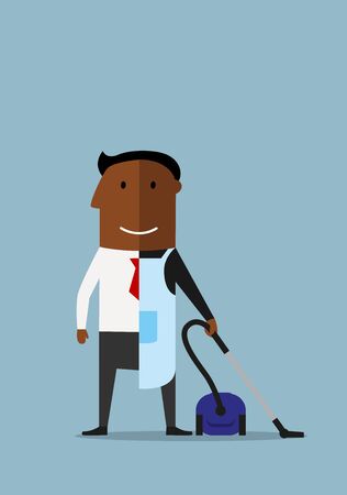 African american man divided into two parts, one half of businessman in suit and another half as ordinary man in apron with vacuum cleaner, for balance concept design. Cartoon styleのイラスト素材