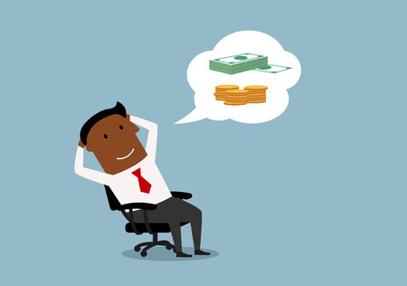 Relaxing african american businessman dreaming about money and wealth in office. Cartoon styleのイラスト素材