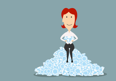 Elegant redhead businesswoman sitting on a heap of shiny diamonds with a brilliant in hands, for wealth concept designのイラスト素材