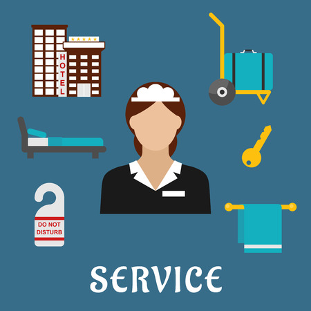 Hotel services flat icons with maid in elegant uniform, surrounded by hotel building, luggage, key, do not disturb door tag, comfortable bed and towelのイラスト素材