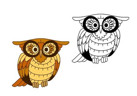 Cartoon owl bird with yellow and brown plumage and big eyes, for education or wildlife designのイラスト素材