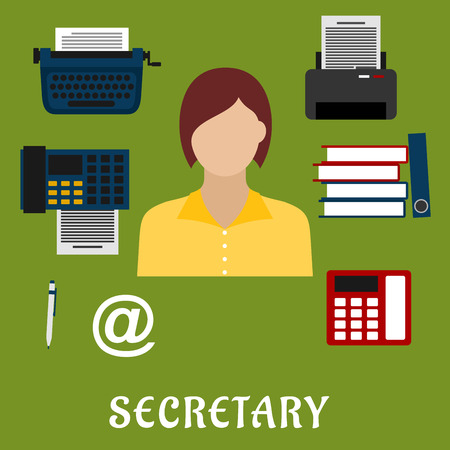 Secretary or assistant profession flat icons with telephone, fax, stack of folders with documents, pen, printer, mail symbol, typewriter and elegant young womanのイラスト素材