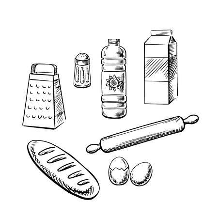 Bakery ingredients and kitchen utensil with milk pack, bottle of sunflower oil, eggs, salt, grater, rolling pin and long loaf of bread. Sketch icons for recipe book or baking theme designのイラスト素材