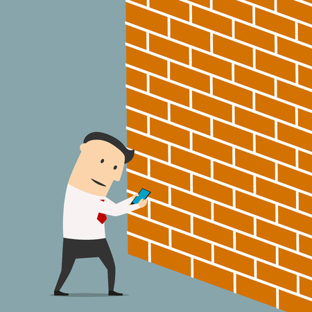 Cartoon businessman looking at screen of smartphone and walking straight into the wall, for internet addiction concept designのイラスト素材