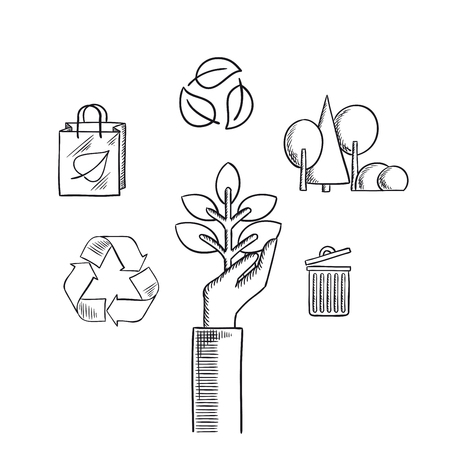 Environment protection concept with plant in hand, recycling symbols with arrows and leaves, eco shopping bag, forest landscape with trees and trash can. Sketch iconsのイラスト素材