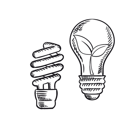 Sketch of fluorescent energy saving light bulb and old incandescent lamp with plant inside. Save energy conceptのイラスト素材