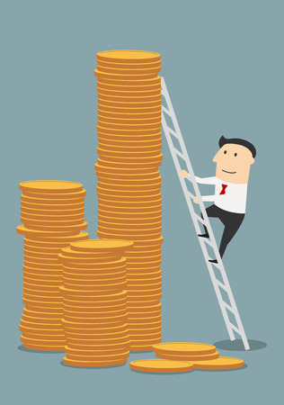 Cartoon successful businessman climbing to stacks of golden coins. Success, wealth or fast money concept designのイラスト素材