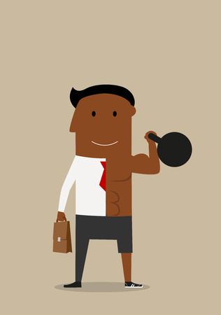 Healthy cartoon african american businessman successfully combined sports and business. Healthy lifestyle and work balanceのイラスト素材
