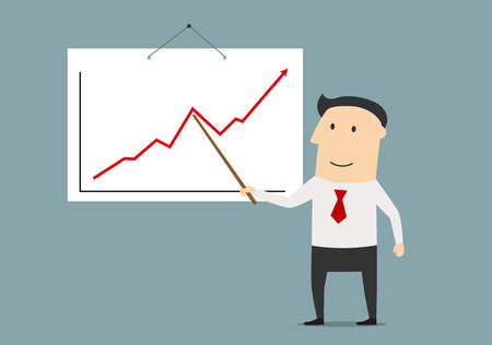 Happy cartoon businessman with pointer stick presenting a growing chart. Report or business plan presentation conceptのイラスト素材