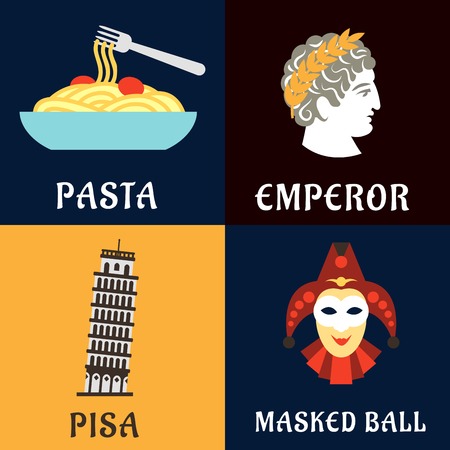 Landmarks, history, culture and national cuisine of Italy. Pasta, Pisa tower, costume and Caesar icons for travel or vacation designのイラスト素材