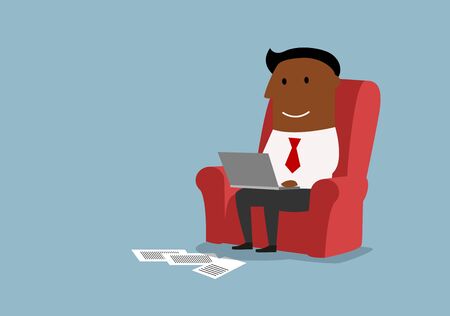 Cartoon african american businessman working with laptop and sitting in comfortable armchair. Home office or wireless technology concept designのイラスト素材