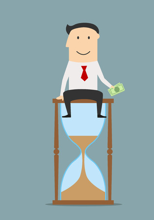 Cartoon smiling successful businessman sitting on a hourglass with money in hand. Time is money or success concept designのイラスト素材