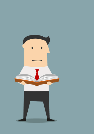 Cartoon businessman reading a book for find a new ideas. Business education, professional or personal development conceptのイラスト素材