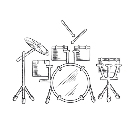 Drum set sketch with traditional kit of bass drum, two hanging toms, snare drum, floor tom and ride cymbal. Addition to music, art or entertainment designのイラスト素材