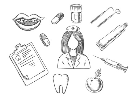 Dental sketch icons with a nurse surrounded by apple, notebook, tablets, mouth with braces, tooth, instruments and toothpaste. Medical, dentistry and healthcare conceptのイラスト素材