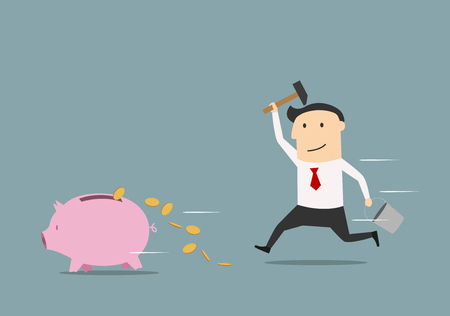 Cartoon businessman running after a piggy bank with hammer and trying to bring back moneyのイラスト素材