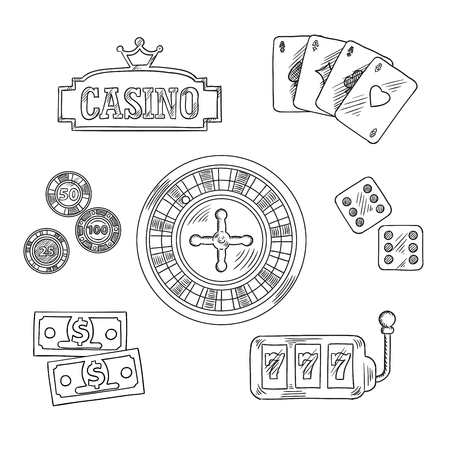 Casino sketched icons and symbols of roulette wheel, dice, playing cards, gambling chips, dollar bills, casino sign board with golden crown and slot machine with triple seven. Sketch style illustrationのイラスト素材