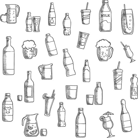 Beverages, cocktails and drinks flat icons of wine and beer, vodka and water, soda and juice, milk and champagne bottles, beer tankards and cocktail glasses,  lemonade and milk jugs, takeaway paper cupsのイラスト素材