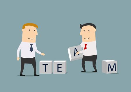 Cartoon smiling businessmen creating the word Team from block cubes. Business team, teamwork and partnership design usageのイラスト素材