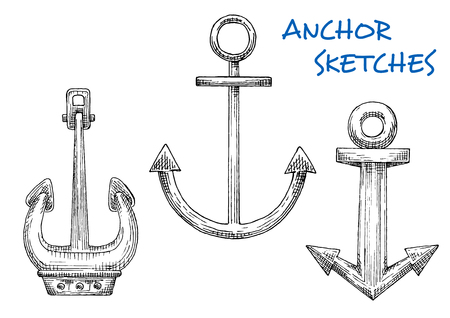 Isolated vintage marine anchors in sketch style. For adventure, sea journey theme or tattoo design usage.のイラスト素材