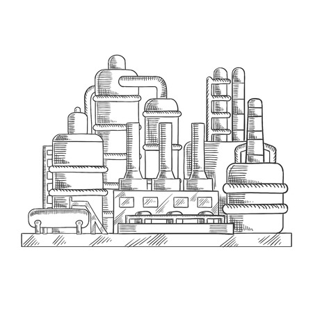 Oil refinery factory sketched illustration with modern industrial plant. For processing and chemical refining of crude design usage, sketch styleのイラスト素材