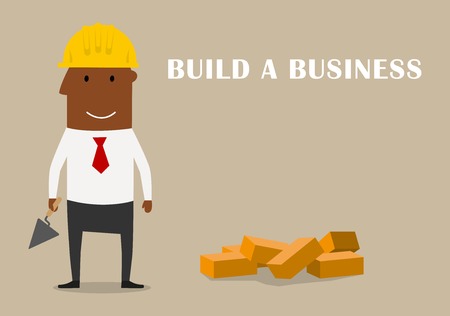 Build a business and start-up theme concept. Cartoon businessman in yellow hard hat building a new business with mason trowel and bricksのイラスト素材