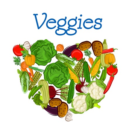 Healthy heart, composed of fresh vegetables such as tomato, potato, onion, carrot, cabbage, corn cob, cucumber, eggplant, green pea, cauliflower, zucchini, asparagus, garlic, beet and broccoli with text Veggies aboveのイラスト素材