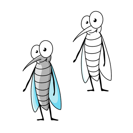 Friendly cartoon gray mosquito standing with folded blue transparent wings. Funny insect character for children book or mascot designのイラスト素材