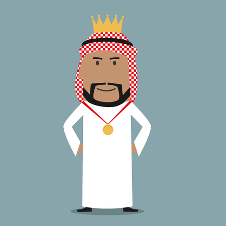 Business success, leadership or achievement theme concept. Proudly cartoon arabian businessman in golden crownのイラスト素材