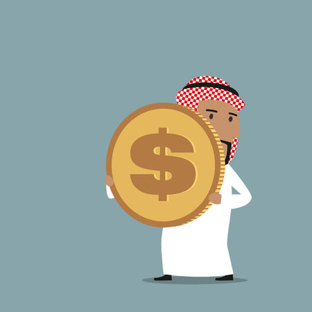 Cartoon arabian businessman in white national garment carrying a big golden dollar coin. Wealth, richness and finance success conceptのイラスト素材