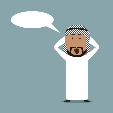 Amazed cartoon arabian businessman with blank speech bubble clutching head in surprise and yelling. Business concept for wow and surprise emotion expression designのイラスト素材