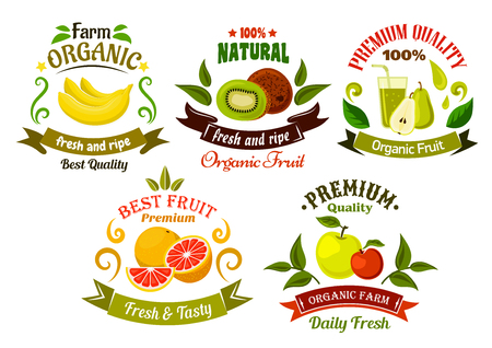 Organic food emblems of healthy fresh fruits with apples, bananas, oranges, kiwis and pears with juice, framed by green leaves, vintage ribbon banners and colorful swirlsのイラスト素材
