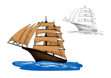 Old wooden sailing ship with pale brown sails among blue ocean waves, including second variant in gray colors. Marine travel, yacht racing or ocean cruise design. Sketchのイラスト素材