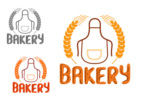Baker or chef apron framed by golden wheat ears with caption Bakery below. Cartoon stylized signboard or emblem design for bakery or pastry shopのイラスト素材