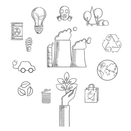 Environment and ecological conservation sketched icons with recycling symbol, electric cars,  leaves, eco-friendly energy with a radiation symbol, gas mask and industrial chimney. Vector sketch styleのイラスト素材