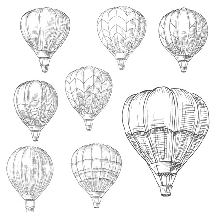 Hot air balloons in flight with decorative inverted teardrop shaped envelopes and wicker baskets. Romantic air travel, adventure or tourism design usage. Retro style sketch vectorのイラスト素材